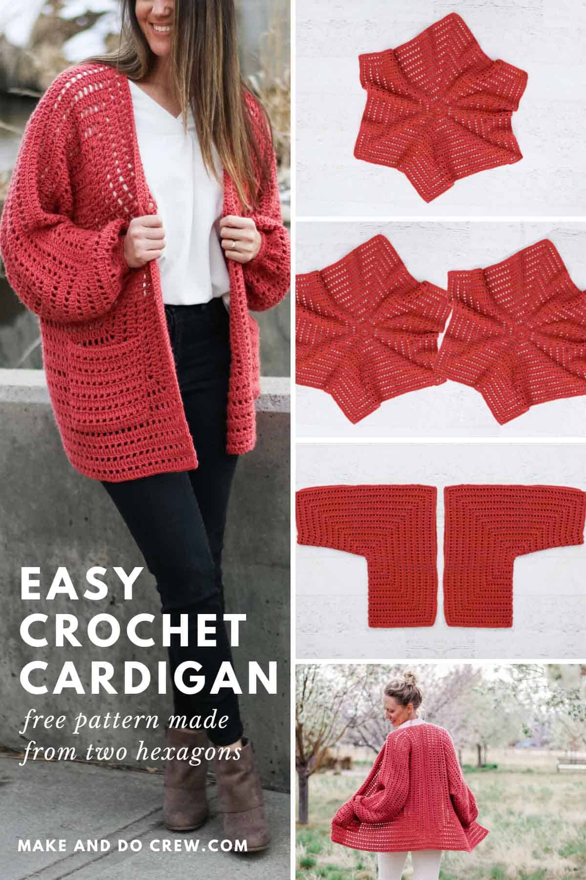 Collection of hexagon crochet cardigan pattern with pockets and bishop sleeves.