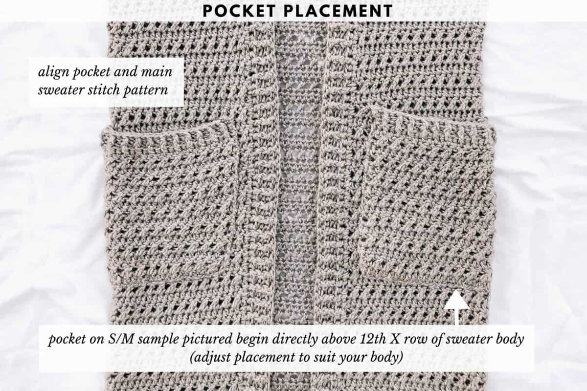 A close-up shot showing the alignment and stitch pattern of the pockets of the elevation duster gray cardigan.