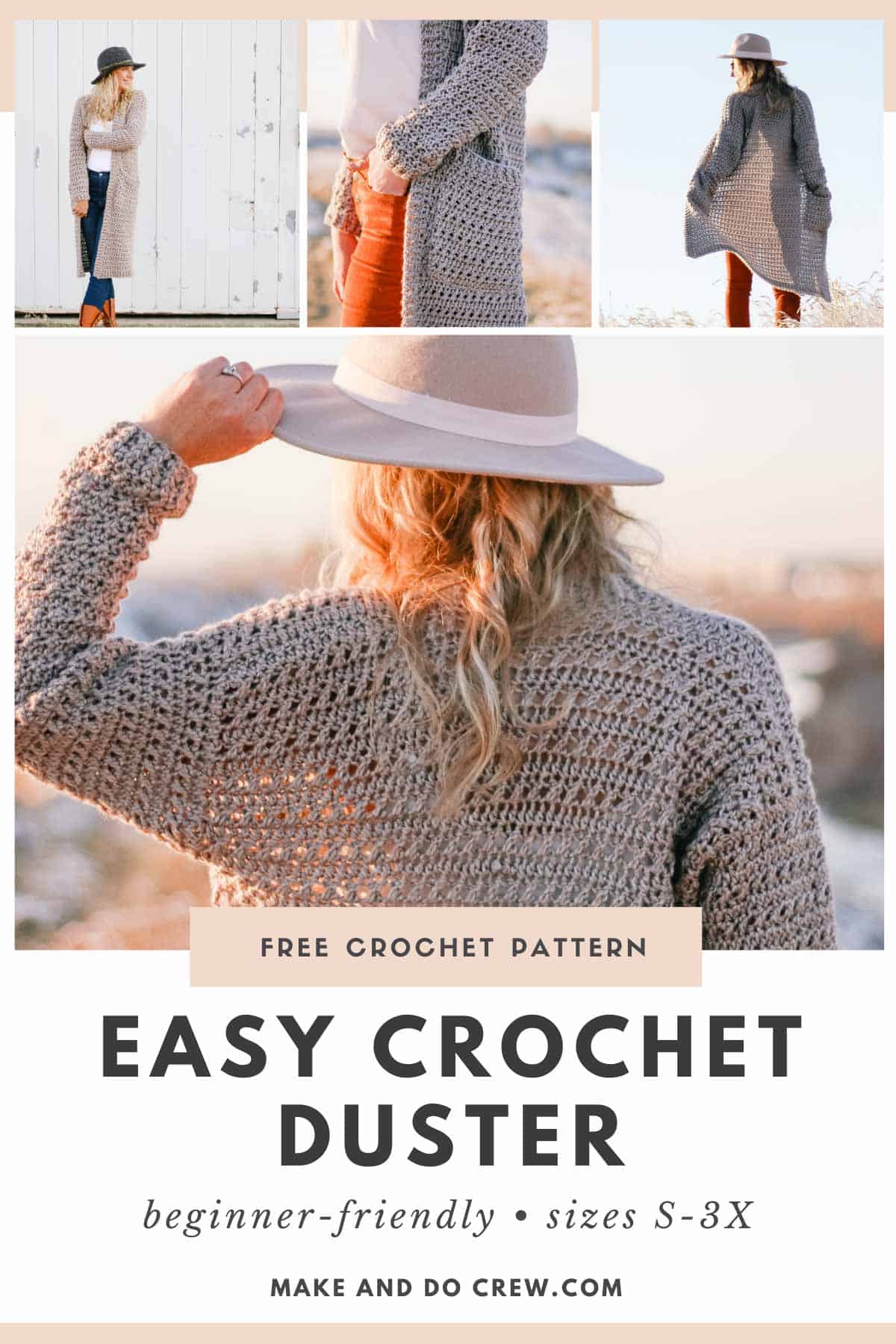 A 4-photo grid of a woman wearing a fedora hat and a gray-colored long easy crochet duster cardigan with pockets.