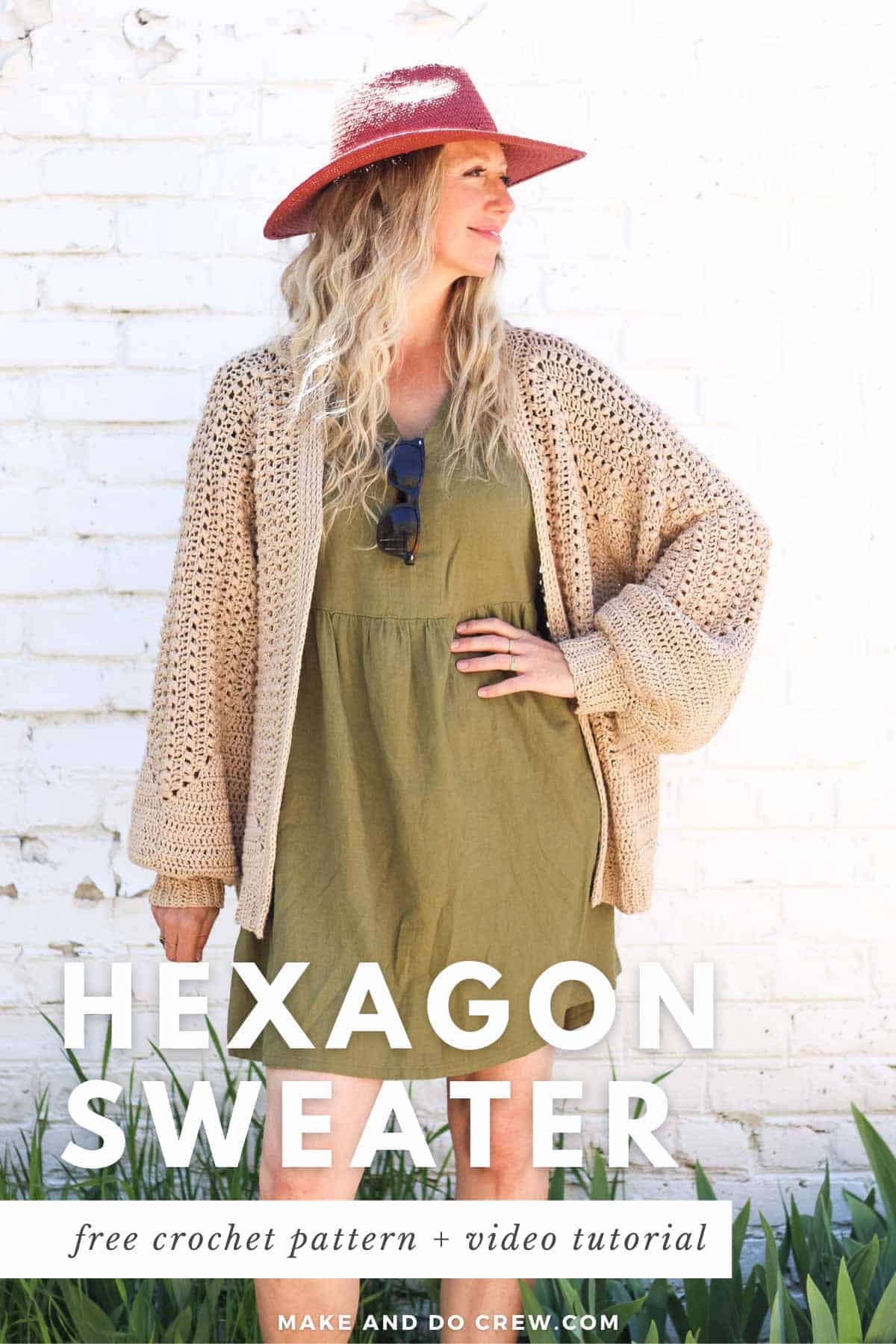 A blonde woman wearing a linen dress and a crochet hexagon cardigan made with Lion Brand Coboo in the color "Beige."