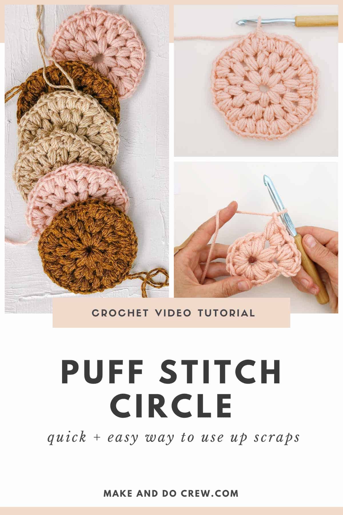 A grid of crochet puff stitch circles that look like flowers.