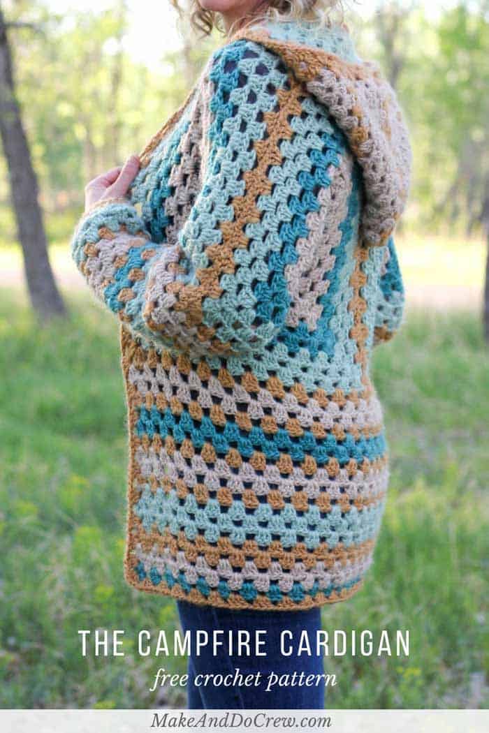 Believe it or not, two simple granny hexagons are the foundation of this free crochet hexagon sweater pattern. "The Campfire Cardigan" is made with Lion Brand New Basic 175 in Juniper, Cafe Au Lait, Thyme and Camel. Great beginner crochet sweater pattern!