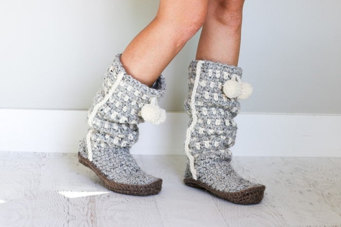 Slouchy crochet sweater boots. So modern and cozy! (Includes free crochet slipper soles pattern as well.) 