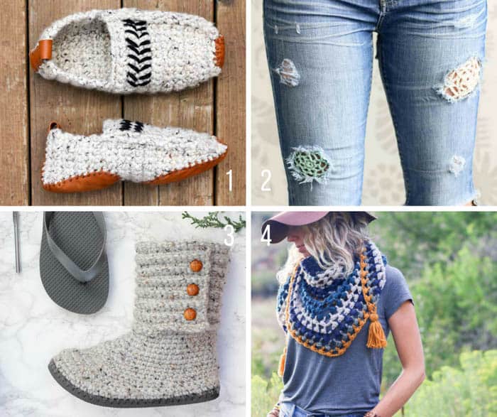 Free modern crochet patterns for slippers, crochet boots, a triangle scarf and crochet jeans patches from Make & Do Crew!