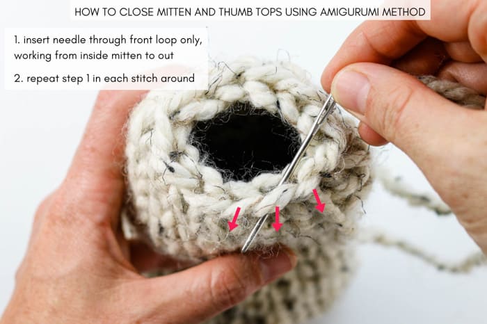 How to close mitten and thumb tops using Amigurumi method.