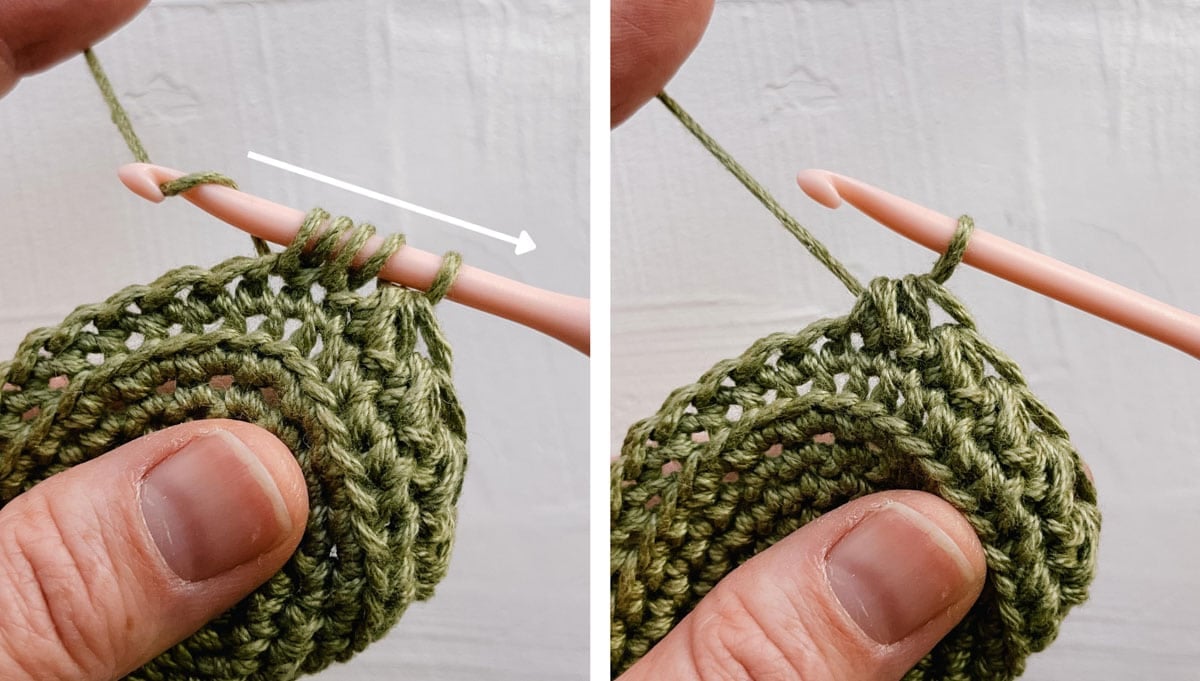 How to half double crochet two together (hdc2tog) tutorial.