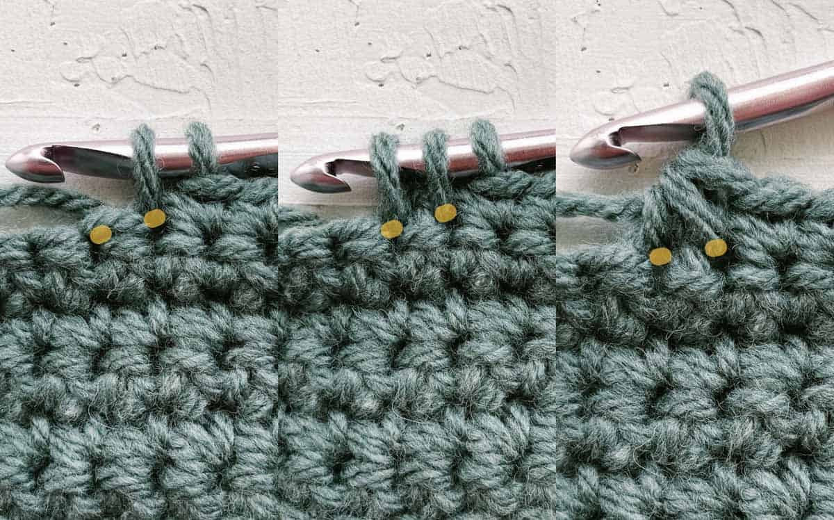 The steps of completing an easy single crochet decrease.