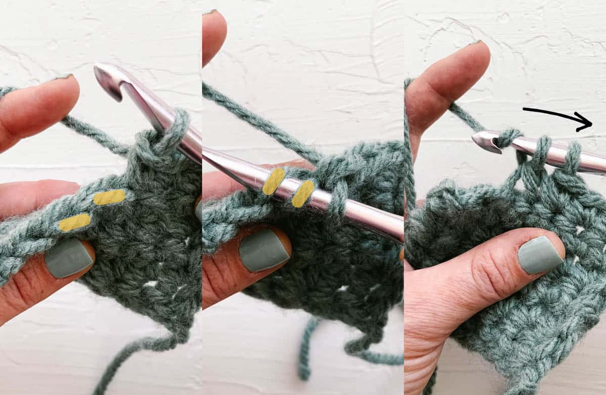 The three steps of completing an invisible single crochet decrease.