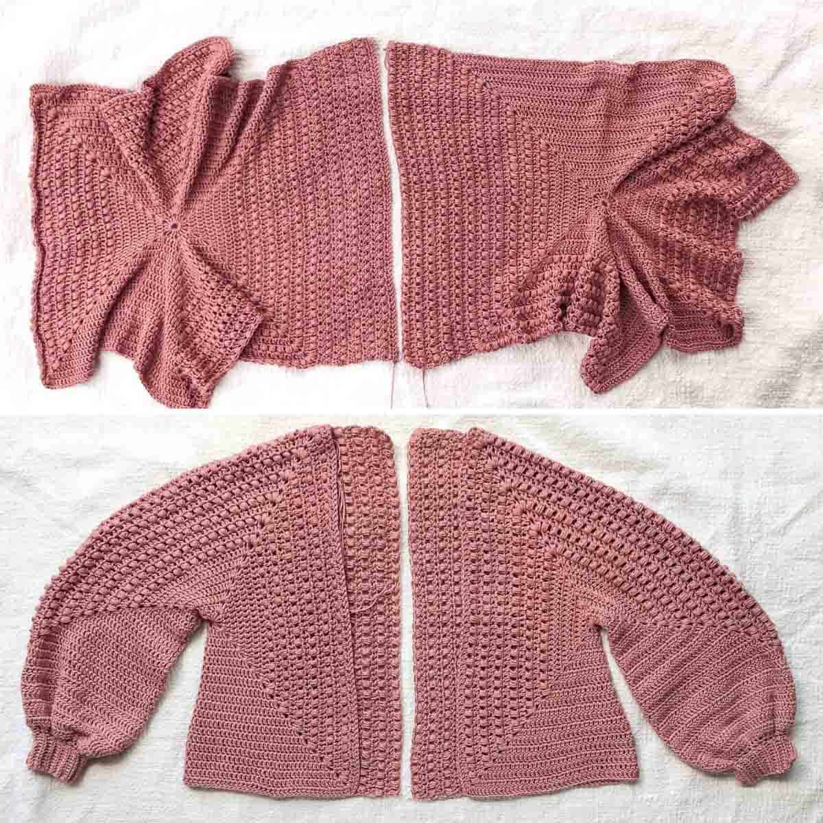 Two overhead views of crochet hexagons: laid out flat and folded into the sleeves and body of a crochet cardigan.