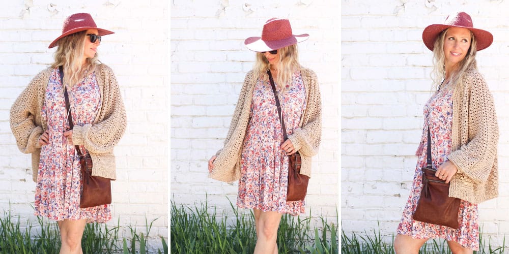 A blonde woman wearing a floral dress and a crochet hexagon cardigan made with Lion Brand Coboo in the color "Beige."