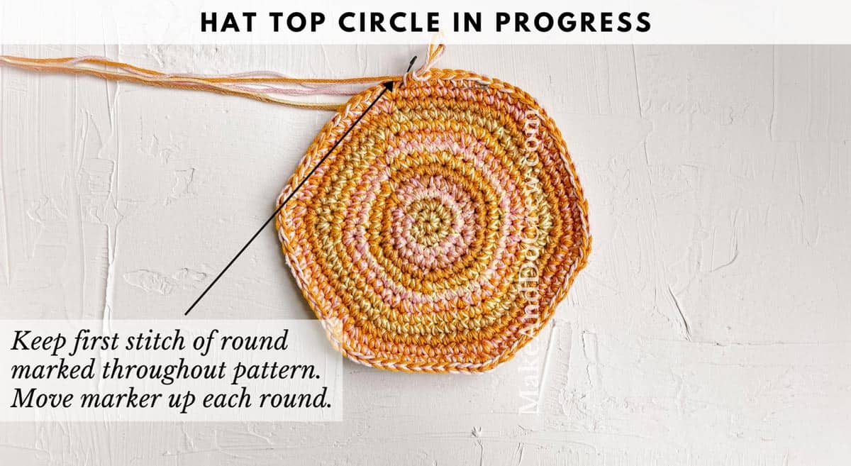 Crochet tutorial photo: This image shows a crochet bucket hat top circle in progress.