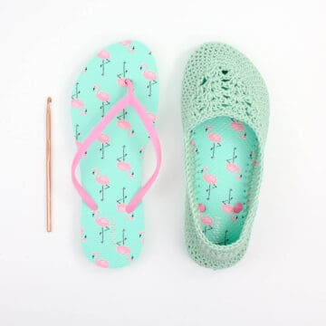Fun! Cotton yarn and a rubber sole make this free crochet slippers with flip flop soles pattern perfect for wearing around the house (or even outside as shoes!) Free crochet pattern and video tutorial using Lion Brand 24/7 Cotton in "Mint"!
